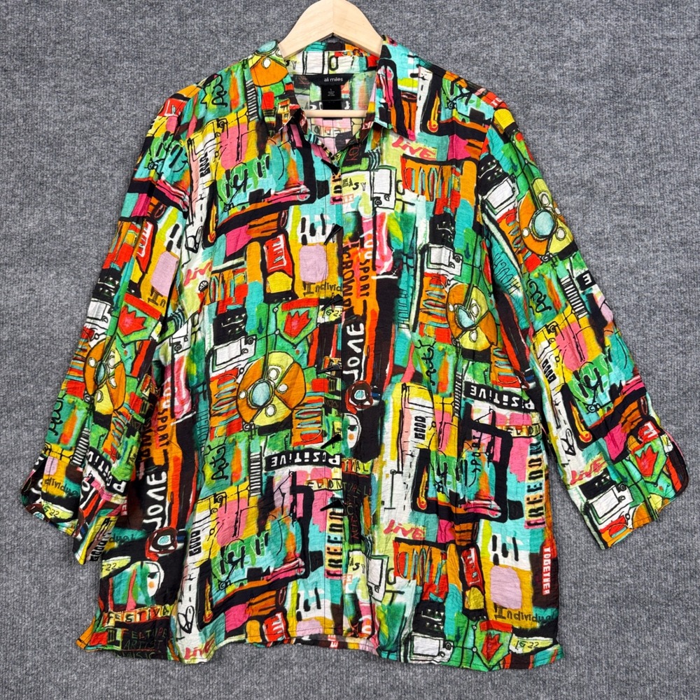 Ali‎ Miles Size Large Tunic Shirt Green Nylon Rayon Blend Maximalist Artsy Bold